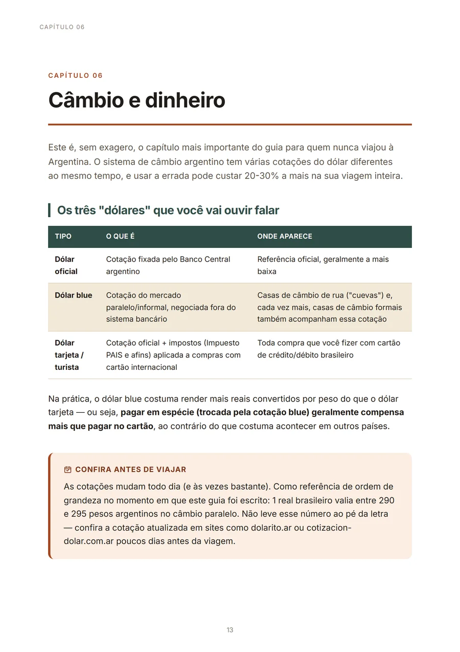 Página explicando os três dólares argentinos: oficial, blue e tarjeta