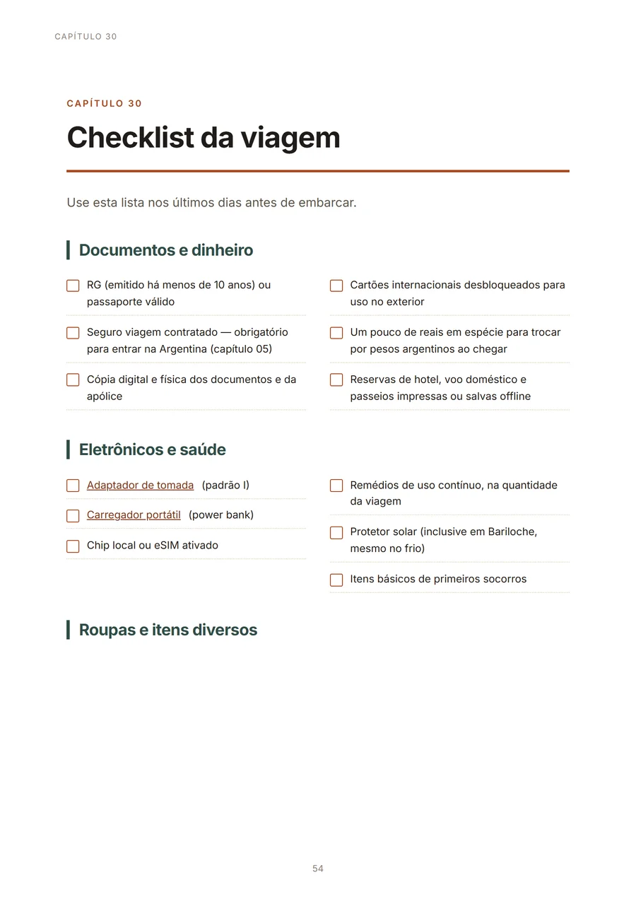 Página do checklist de viagem organizado por categoria